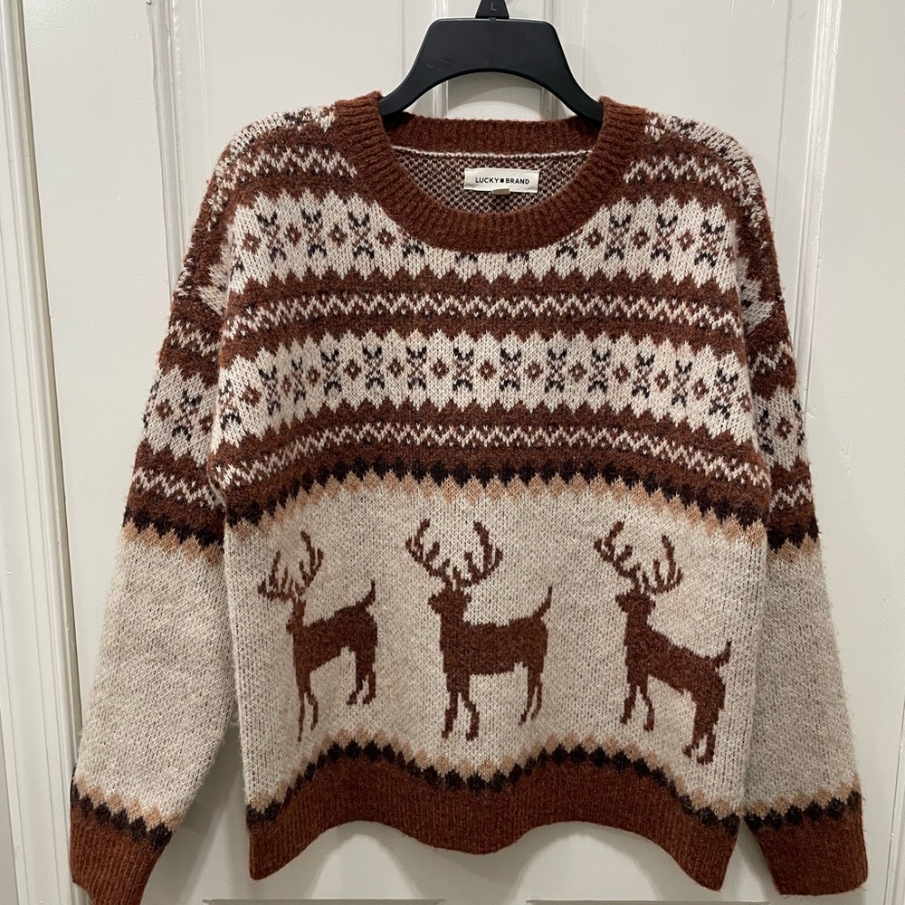 Lucky Brand Brown and Cream Reindeer Sweater